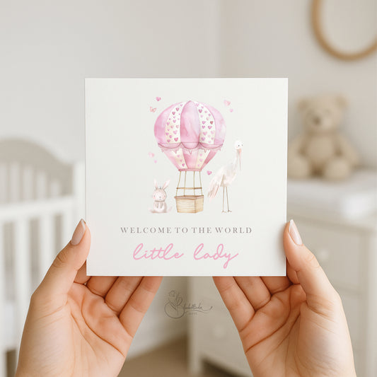 Pink Hot air Balloon Baby Card