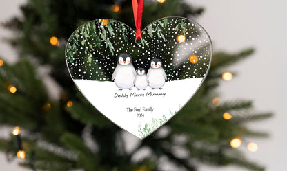 Personalised Penguin Family Hanging Heart Christmas Decoration