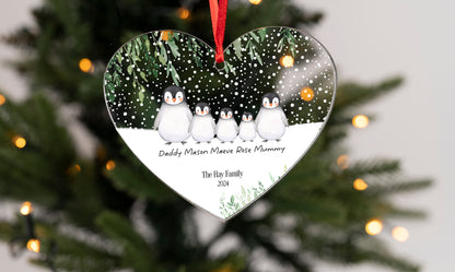 Personalised Penguin Family Hanging Heart Christmas Decoration