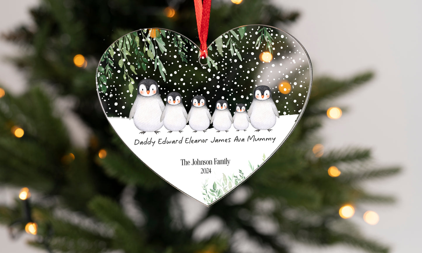 Personalised Penguin Family Hanging Heart Christmas Decoration