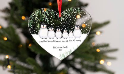 Personalised Penguin Family Hanging Heart Christmas Decoration
