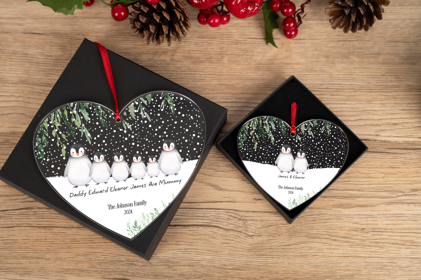 Personalised Penguin Family Hanging Heart Christmas Decoration