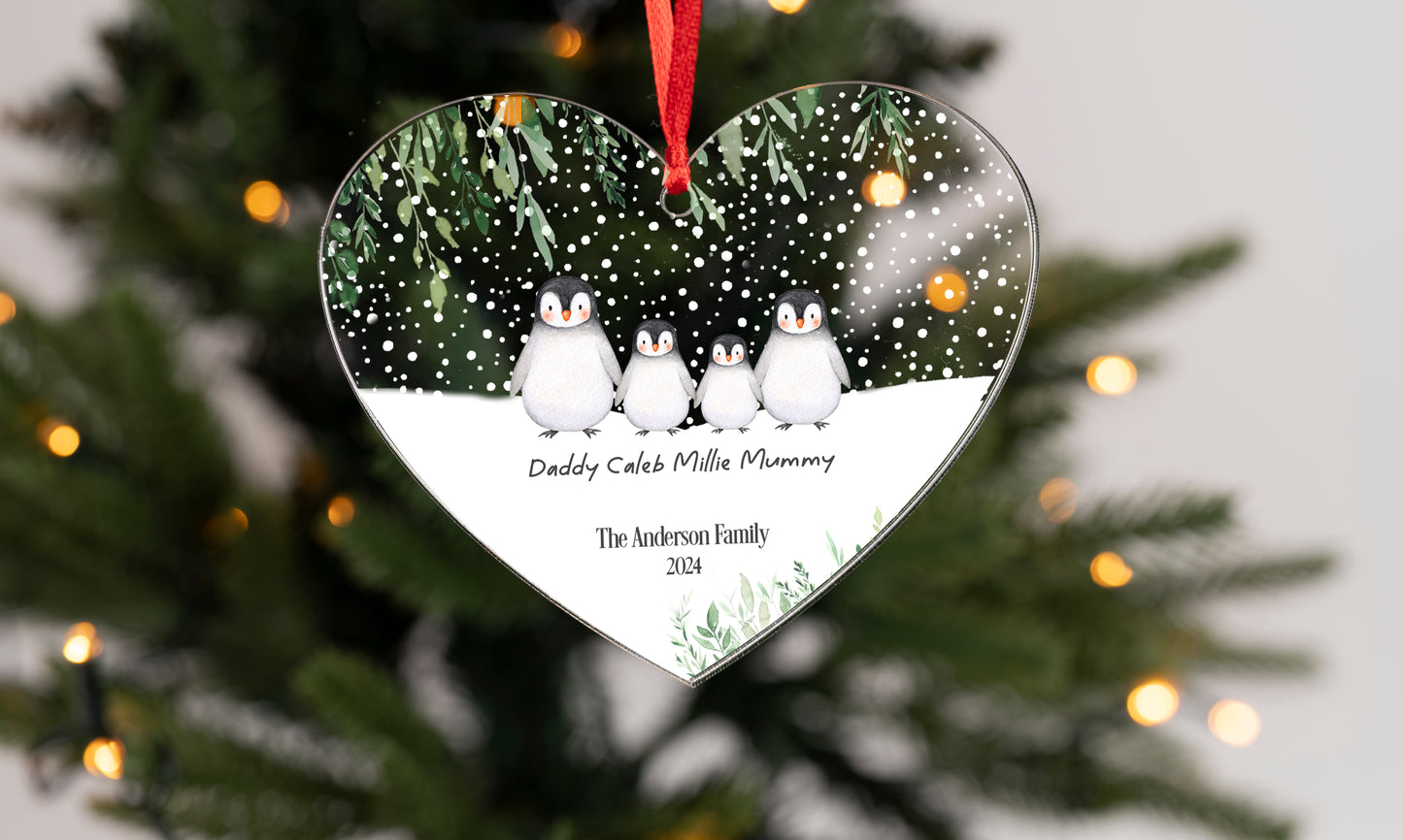 Personalised Penguin Family Hanging Heart Christmas Decoration