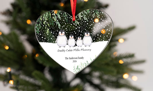 Personalised Penguin Family Hanging Heart Christmas Decoration